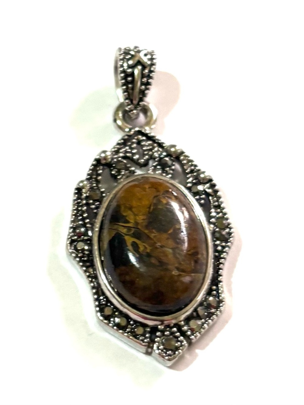 Vintage Brown Jasper and Marcasite Sterling Silver Pendant